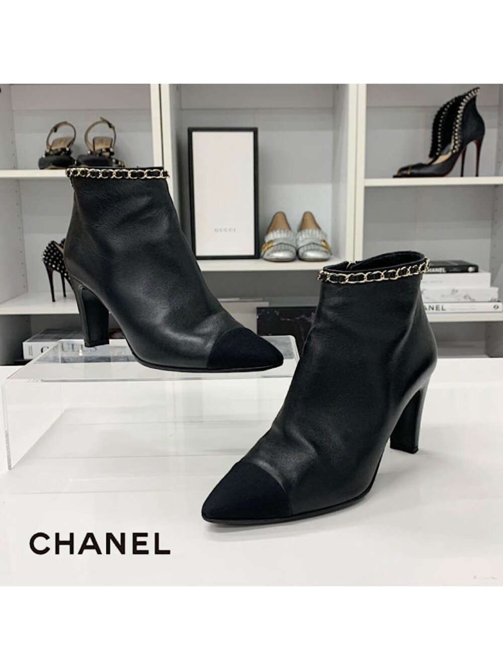 Chanel CC Logo Chain Leather Fabric Short Boots Black